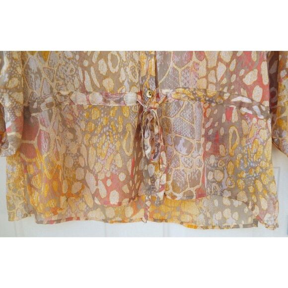 Lark Lane Orange Sheer Geometric Button Down Roll Tab Sleeve Shirt 12 - Picture 5 of 7